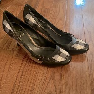 Burberry Beige House Check Canvas and Leather Trim and Buckle round toe pumps